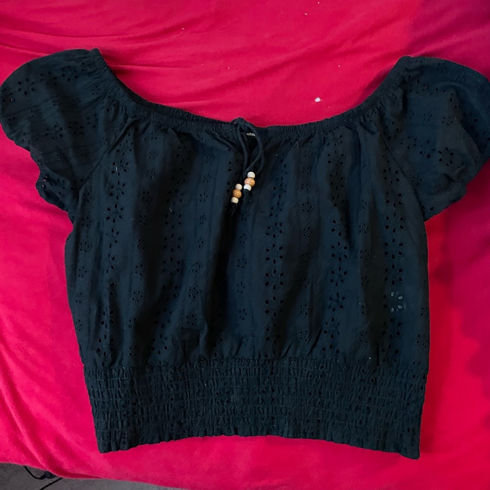 Ambiance, medium, black sheer summer top.